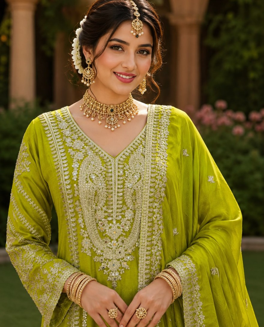GREEN - Green Chinon Palazzo Salwar Suit with Embroidered and Thread Work